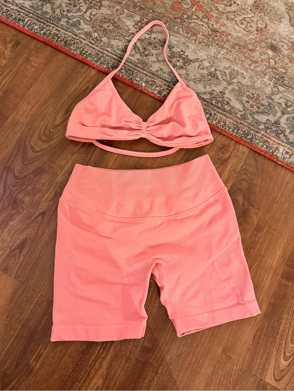 Coral Pink Ribbed Sports Bra and Matching Biker Shorts Set